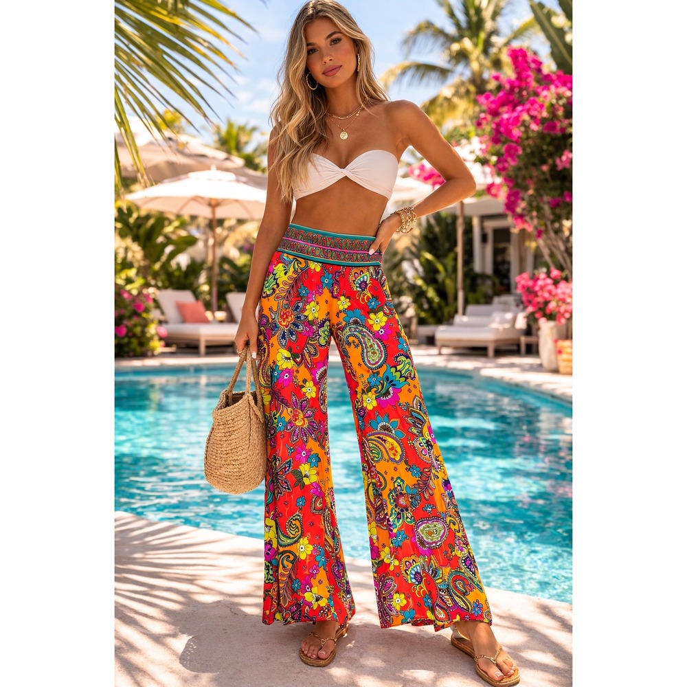 Trina Turk Boho Resortwear Vacation Paisley Floral Wide Leg Palazzo Pants Medium